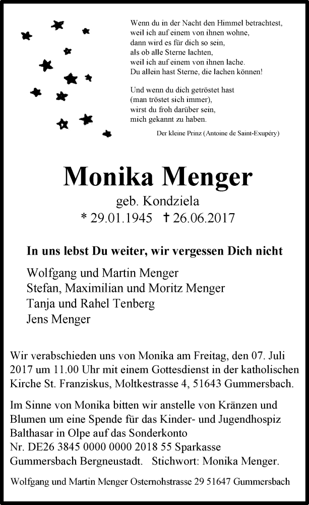  Traueranzeige für Monika Menger vom 05.07.2017 aus  Anzeigen Echo 