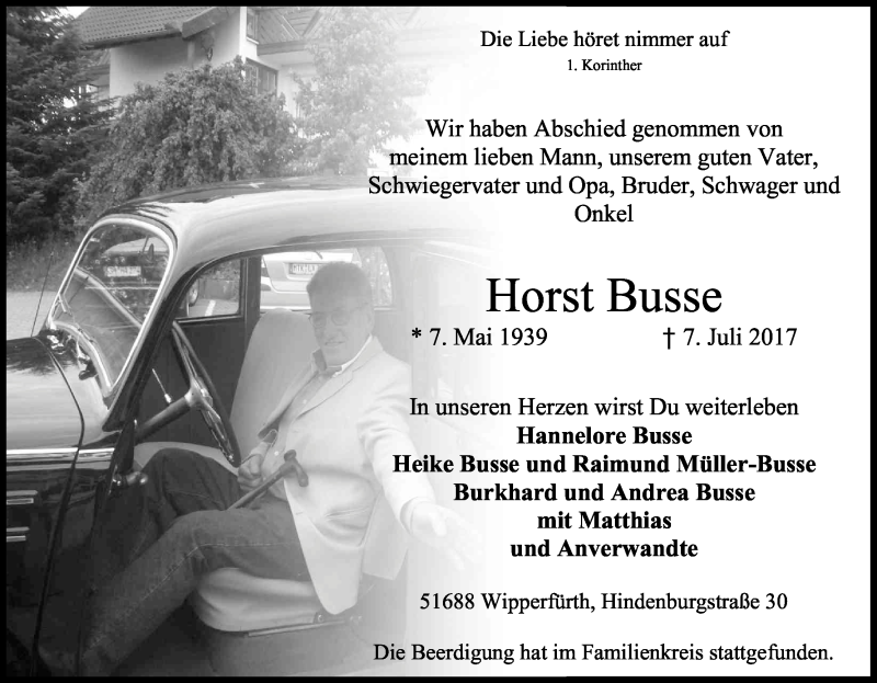  Traueranzeige für Horst Busse vom 22.07.2017 aus Kölner Stadt-Anzeiger / Kölnische Rundschau / Express