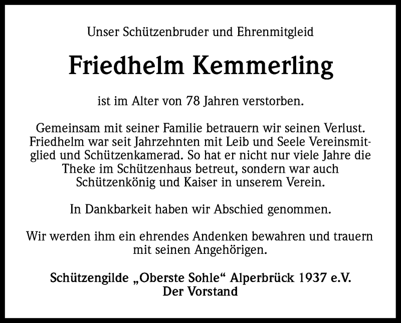  Traueranzeige für Friedhelm Kemmerling vom 22.07.2017 aus Kölner Stadt-Anzeiger / Kölnische Rundschau / Express
