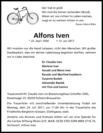 Anzeige von Alfons Iven von Kölner Stadt-Anzeiger / Kölnische Rundschau / Express
