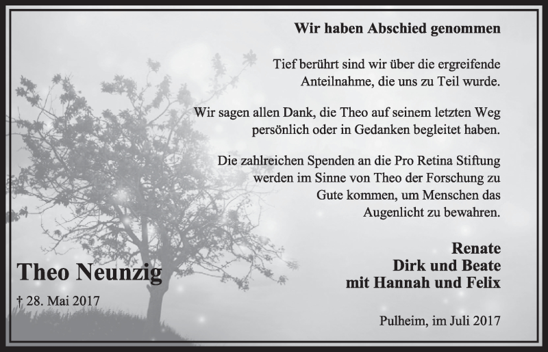  Traueranzeige für Theo Neunzig vom 15.07.2017 aus  Sonntags-Post 