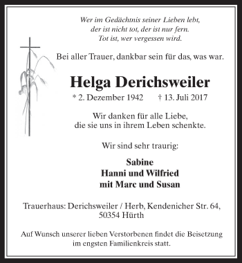 Anzeige von Helga Derichsweiler von  Wochenende 