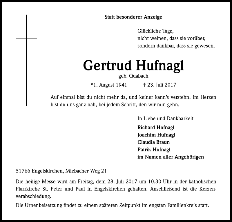  Traueranzeige für Gertrud Hufnagel vom 25.07.2017 aus Kölner Stadt-Anzeiger / Kölnische Rundschau / Express