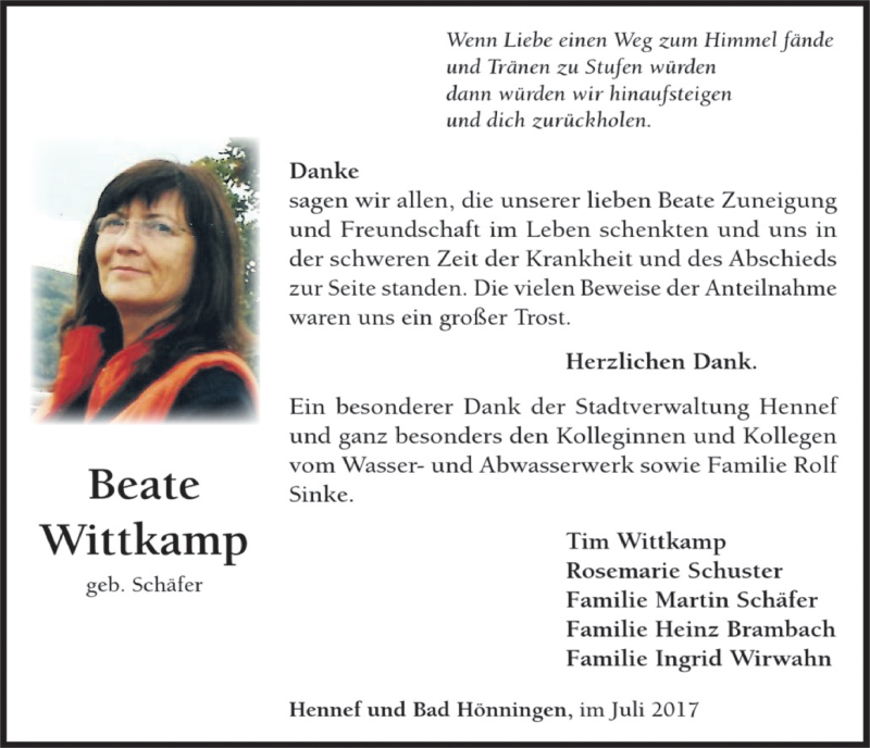  Traueranzeige für Beate Wittkamp vom 26.07.2017 aus  Extra Blatt 