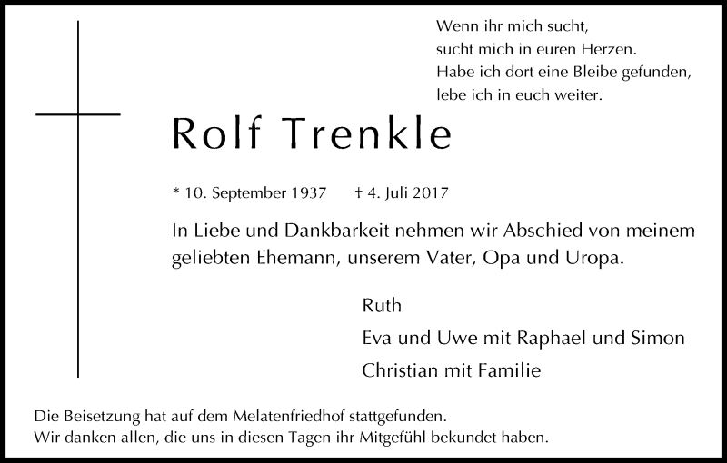  Traueranzeige für Rolf Trenkle vom 22.07.2017 aus Kölner Stadt-Anzeiger / Kölnische Rundschau / Express
