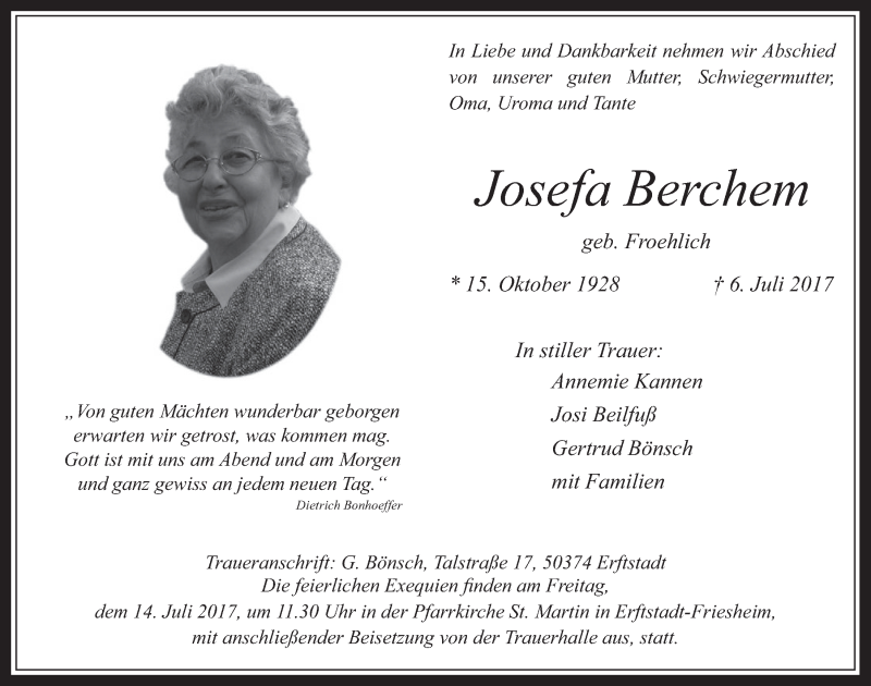  Traueranzeige für Josefa Berchem vom 12.07.2017 aus  Werbepost 