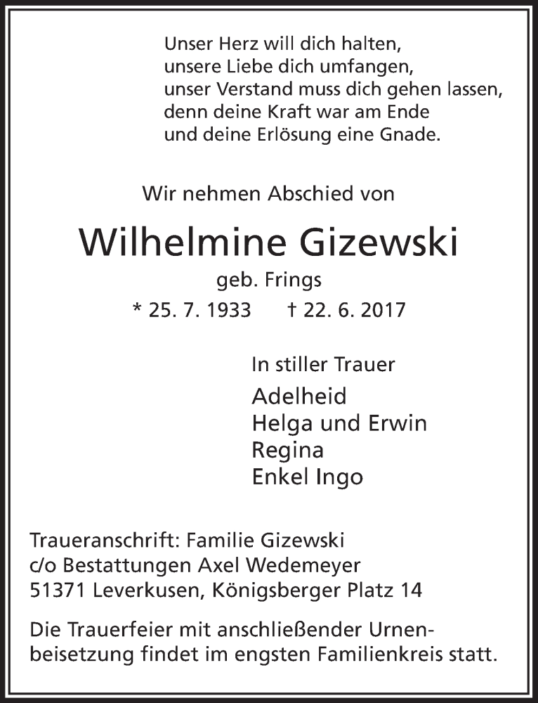  Traueranzeige für Wilhelmine Gizewski vom 19.07.2017 aus  Lokale Informationen 