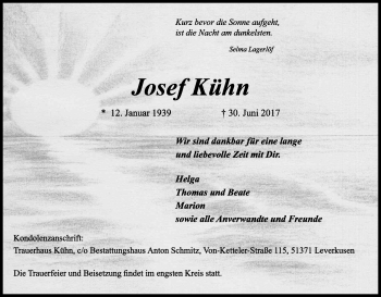 Anzeige von Josef Kühn von Kölner Stadt-Anzeiger / Kölnische Rundschau / Express