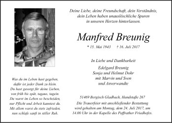 Anzeige von Manfred Breunig von  Bergisches Sonntagsblatt 