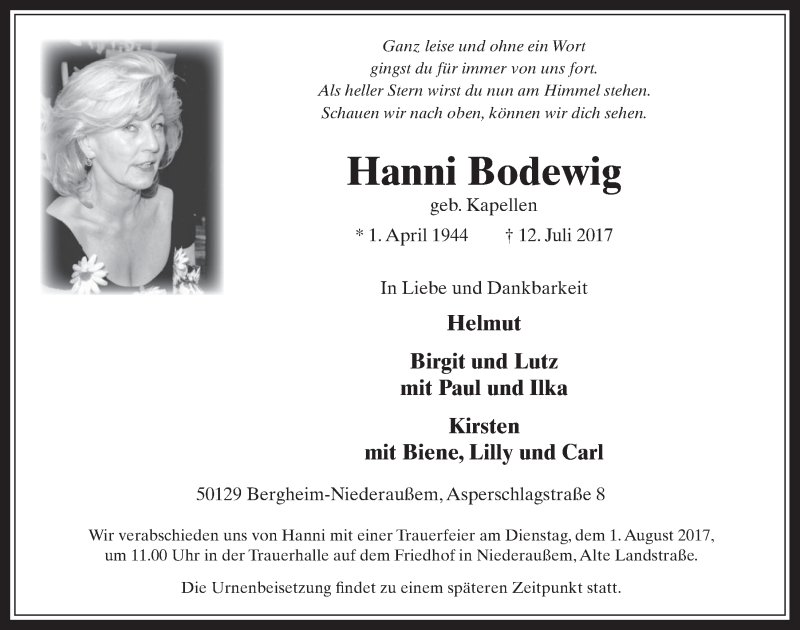  Traueranzeige für Hanni Bodewig vom 26.07.2017 aus  Werbepost 