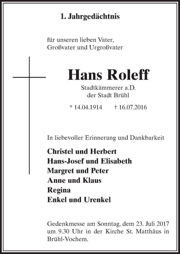  Traueranzeige für Hans Roleff vom 19.07.2017 aus  Schlossbote/Werbekurier 