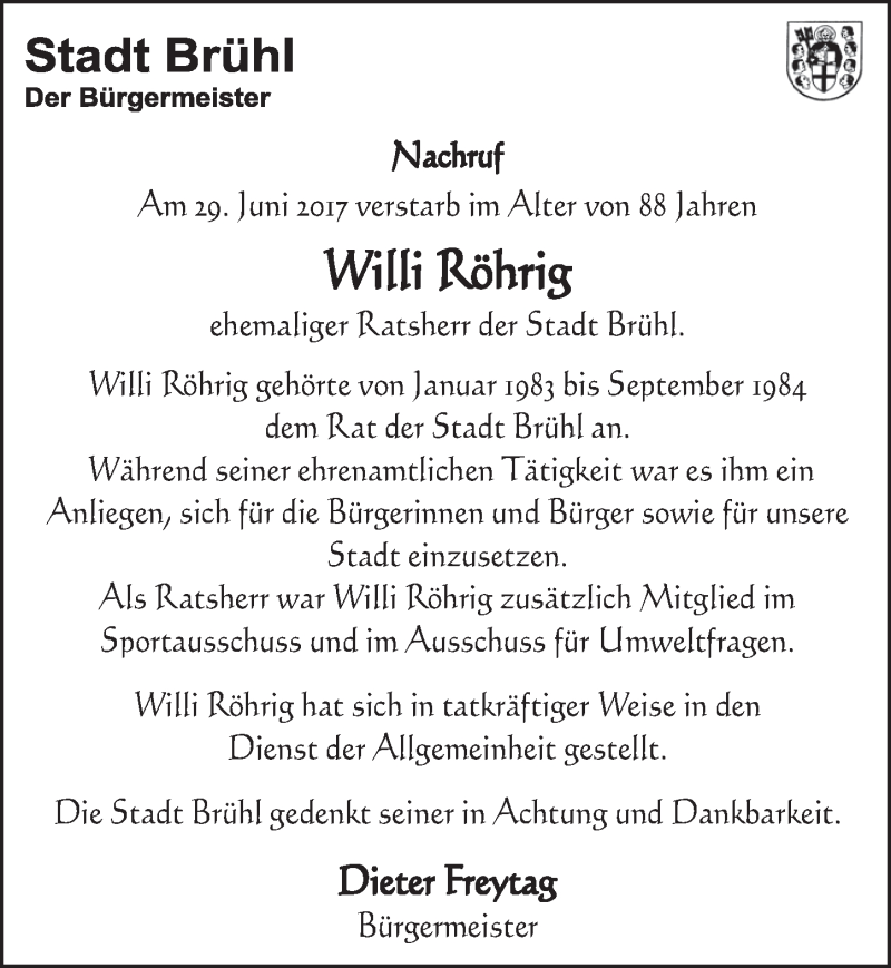  Traueranzeige für Willi Röhrig vom 12.07.2017 aus  Schlossbote/Werbekurier 