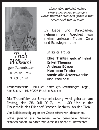 Anzeige von Trudi Wilhelmi von  Wochenende 