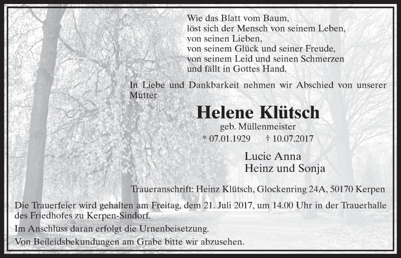 Traueranzeige für Helene Klütsch vom 15.07.2017 aus  Sonntags-Post 
