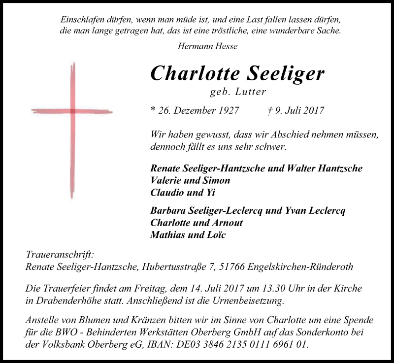 Traueranzeige für Charlotte Seeliger vom 12.07.2017 aus Kölner Stadt-Anzeiger / Kölnische Rundschau / Express