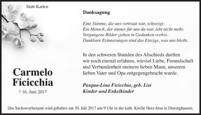  Traueranzeige für Carmelo Ficicchia vom 26.07.2017 aus  Anzeigen Echo 