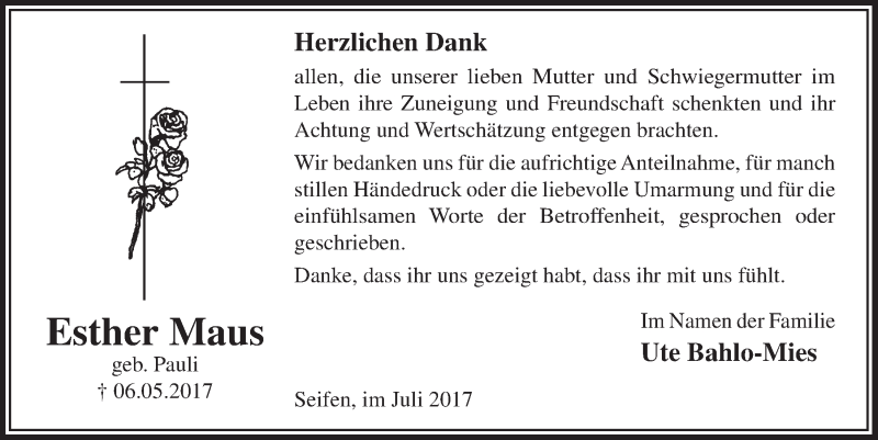  Traueranzeige für Esther Maus vom 12.07.2017 aus  Lokalanzeiger 