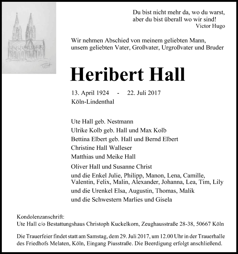  Traueranzeige für Heribert Hall vom 26.07.2017 aus Kölner Stadt-Anzeiger / Kölnische Rundschau / Express