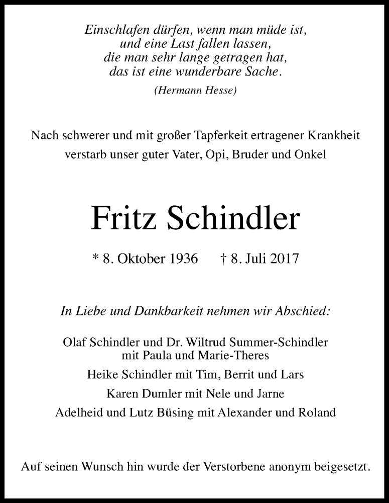  Traueranzeige für Fritz Schindler vom 19.07.2017 aus Kölner Stadt-Anzeiger / Kölnische Rundschau / Express