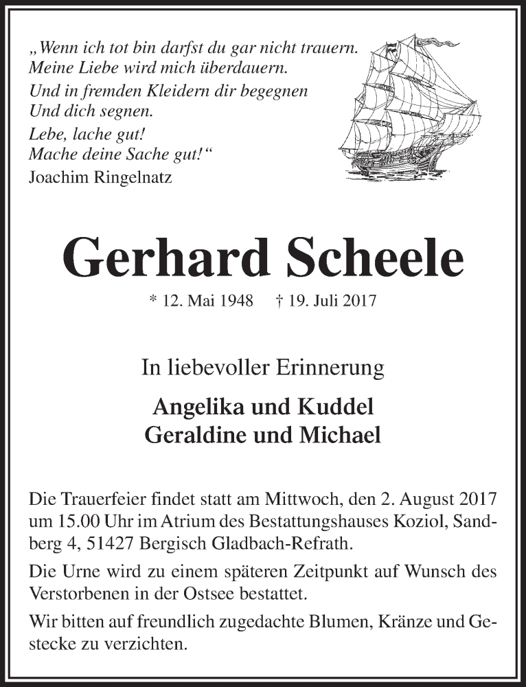  Traueranzeige für Gerhard Scheele vom 26.07.2017 aus  Bergisches Handelsblatt 