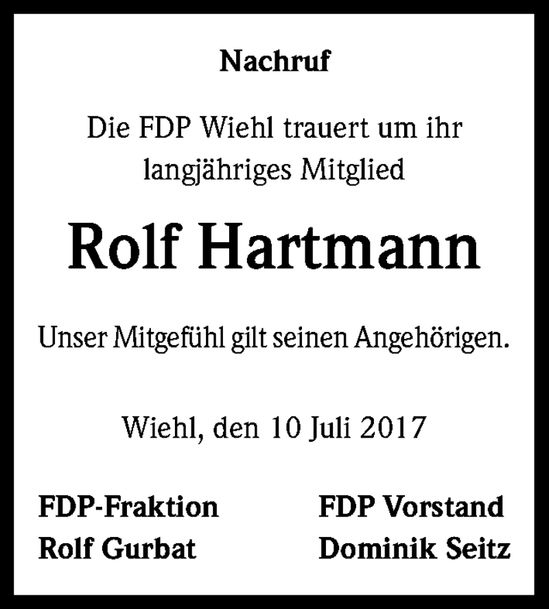  Traueranzeige für Rolf Hartmann vom 18.07.2017 aus Kölner Stadt-Anzeiger / Kölnische Rundschau / Express