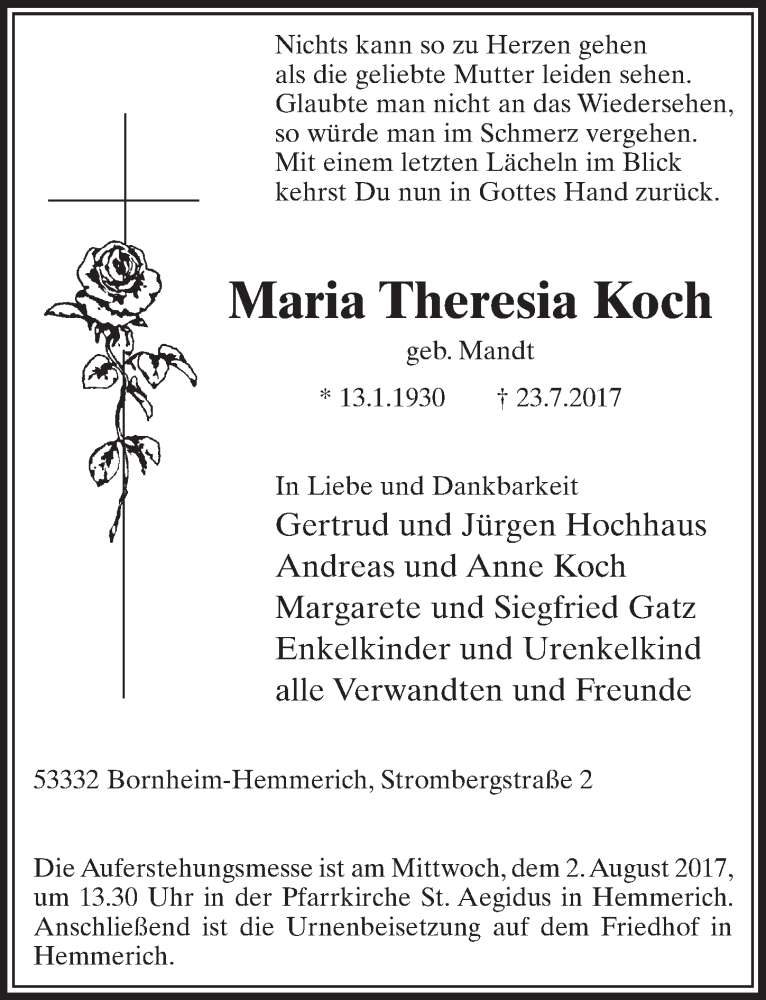  Traueranzeige für Maria Theresia Koch vom 26.07.2017 aus  Schlossbote/Werbekurier 