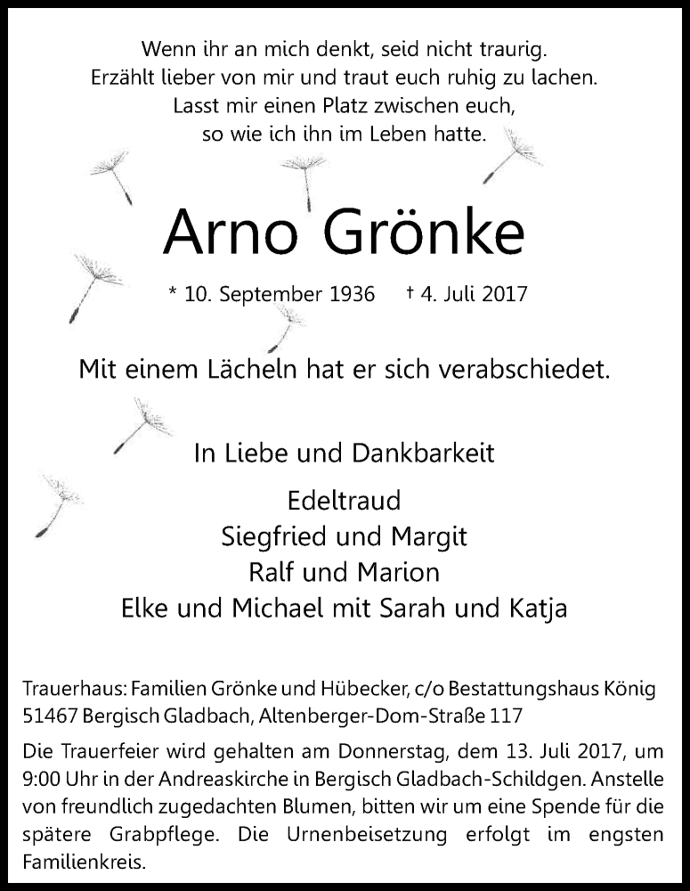  Traueranzeige für Arno Grönke vom 10.07.2017 aus Kölner Stadt-Anzeiger / Kölnische Rundschau / Express