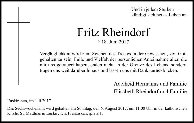  Traueranzeige für Fritz Rheindorf vom 22.07.2017 aus Kölner Stadt-Anzeiger / Kölnische Rundschau / Express
