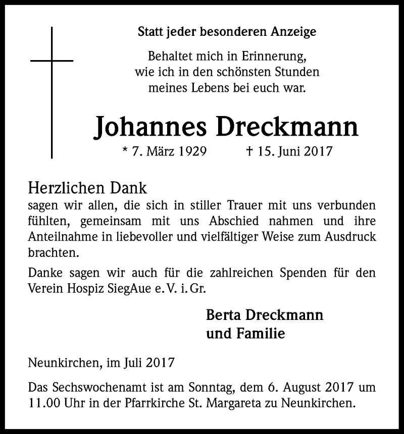  Traueranzeige für Johannes Dreckmann vom 22.07.2017 aus Kölner Stadt-Anzeiger / Kölnische Rundschau / Express