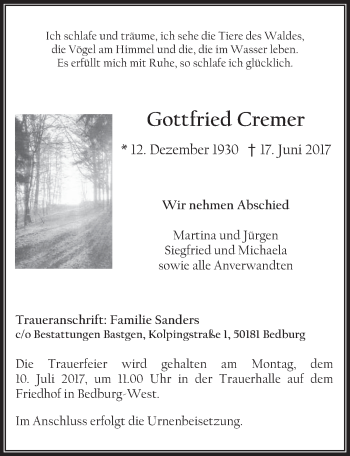 Anzeige von Gottfried Cremer von  Werbepost 