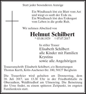 Anzeige von Helmut Schilbert von  Sonntags-Post 