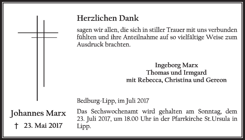  Traueranzeige für Johannes Marx vom 15.07.2017 aus  Sonntags-Post 