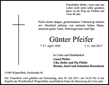 Anzeige von Günter Pfeifer von Kölner Stadt-Anzeiger / Kölnische Rundschau / Express