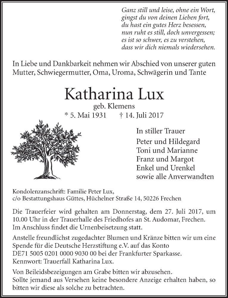  Traueranzeige für Katharina Lux vom 22.07.2017 aus  Sonntags-Post 