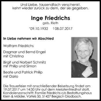 Anzeige von Inge Friedrichs von Kölner Stadt-Anzeiger / Kölnische Rundschau / Express