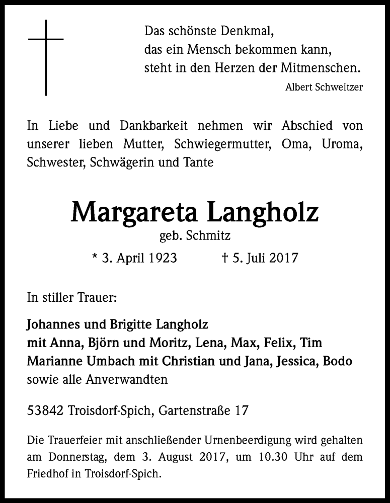  Traueranzeige für Margareta Langholz vom 22.07.2017 aus Kölner Stadt-Anzeiger / Kölnische Rundschau / Express
