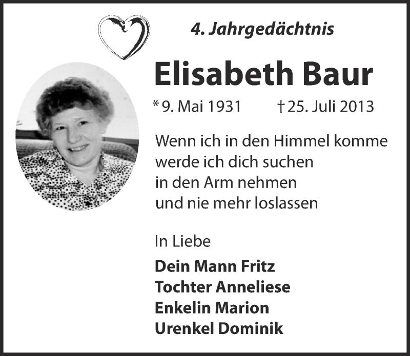  Traueranzeige für Elisabeth Baur vom 26.07.2017 aus  Kölner Wochenspiegel 