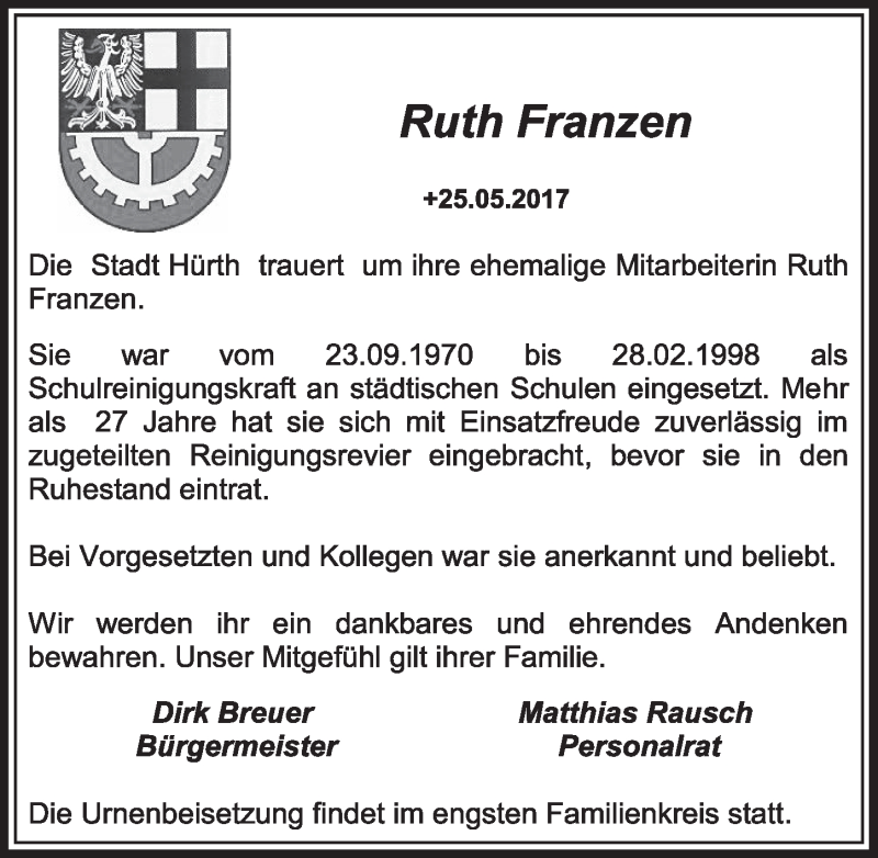  Traueranzeige für Ruth Franzen vom 22.07.2017 aus  Sonntags-Post 