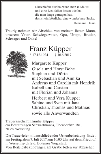 Anzeige von Franz Küpper von  Schlossbote/Werbekurier 