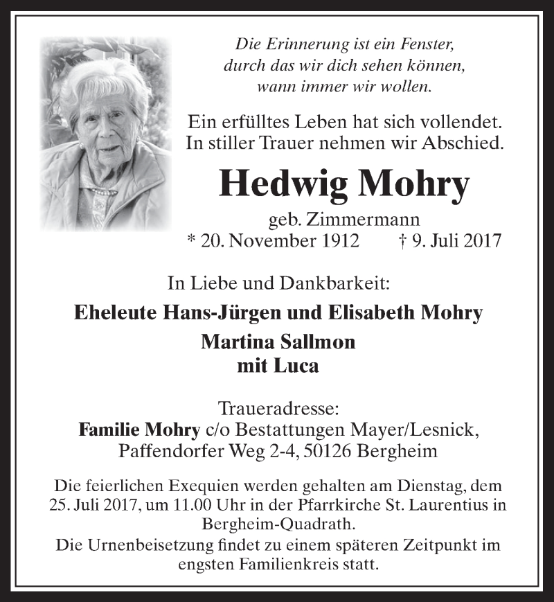  Traueranzeige für Hedwig Mohry vom 19.07.2017 aus  Werbepost 