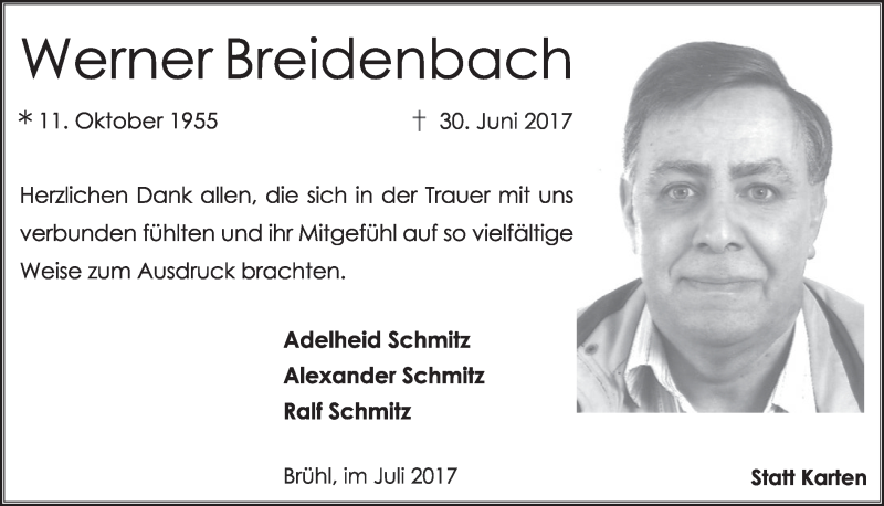  Traueranzeige für Werner Breidenbach vom 26.07.2017 aus  Schlossbote/Werbekurier 