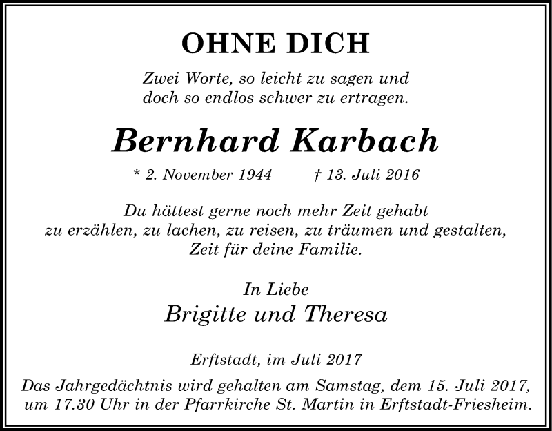  Traueranzeige für Bernhard Karbach vom 08.07.2017 aus Kölner Stadt-Anzeiger / Kölnische Rundschau / Express