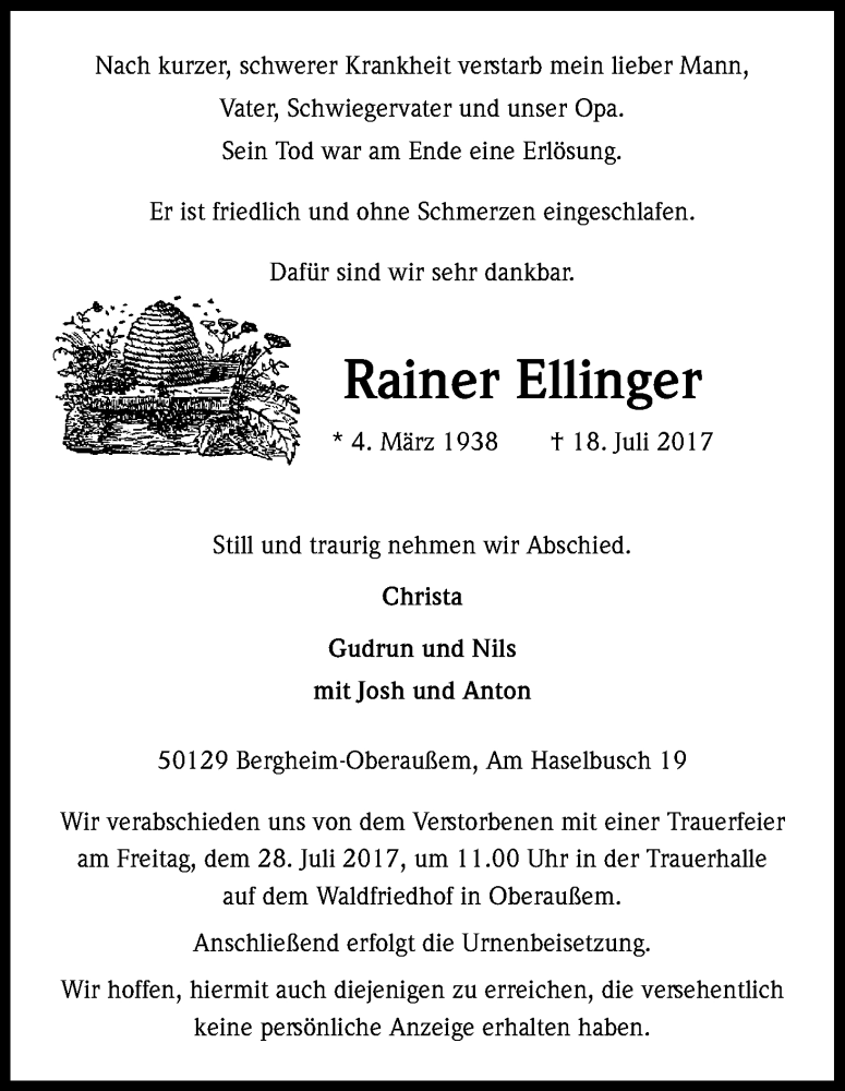 Traueranzeige für Rainer Ellinger vom 22.07.2017 aus Kölner Stadt-Anzeiger / Kölnische Rundschau / Express