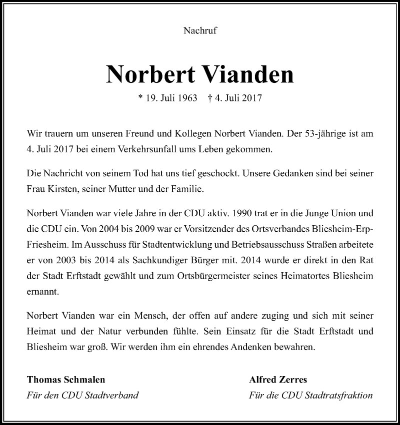  Traueranzeige für Norbert Vianden vom 08.07.2017 aus Kölner Stadt-Anzeiger / Kölnische Rundschau / Express