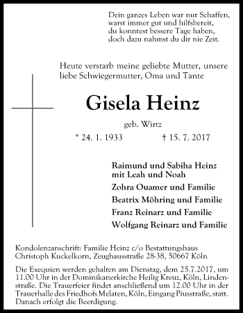 Anzeige von Gisela Heinz von Kölner Stadt-Anzeiger / Kölnische Rundschau / Express