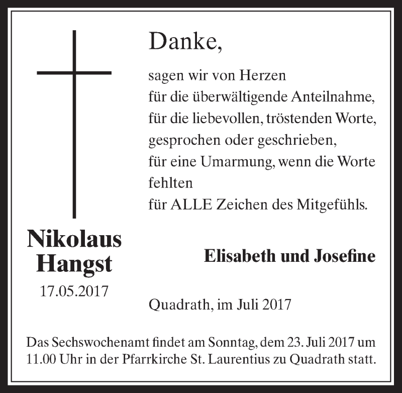  Traueranzeige für Nikolaus Hangst vom 12.07.2017 aus  Werbepost 