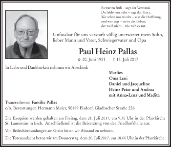 Anzeige von Paul Heinz Pallas von  Werbepost 