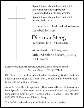 Anzeige von Dietmar Steeg von Kölner Stadt-Anzeiger / Kölnische Rundschau / Express