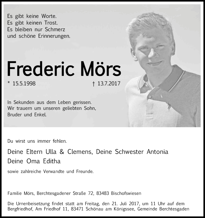  Traueranzeige für Frederic Mörs vom 19.07.2017 aus Kölner Stadt-Anzeiger / Kölnische Rundschau / Express