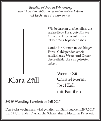 Anzeige von Klara Züll von  Schlossbote/Werbekurier 
